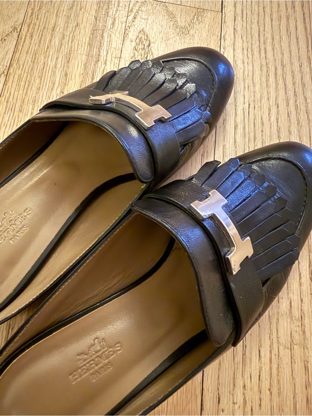 Hermes Black Leather Fringe Loafers with Silver Hardware - Picture 7 of 8
